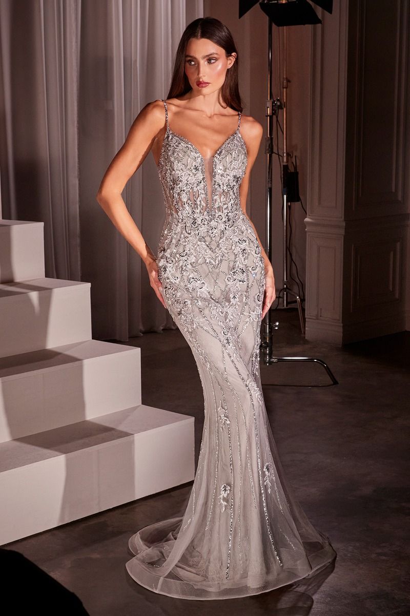 Glittering Ice Blue Mermaid Evening Gown with Illusion Plunge CDCD795-6